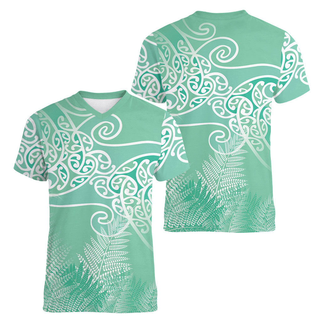 Aotearoa Maori Koru Curves Women V-Neck T-Shirt Silver Ferns - Mint LT7 - Polynesian Pride