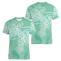 Aotearoa Maori Koru Curves Women V-Neck T-Shirt Silver Ferns - Mint LT7 - Polynesian Pride