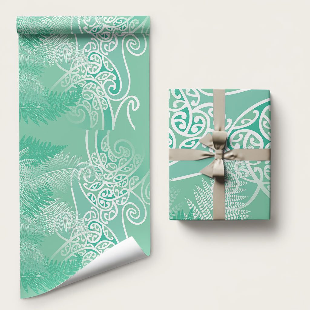 Aotearoa Maori Koru Curves Wrapping Paper Silver Ferns - Mint LT7 58" × 23" Mint Green - Polynesian Pride
