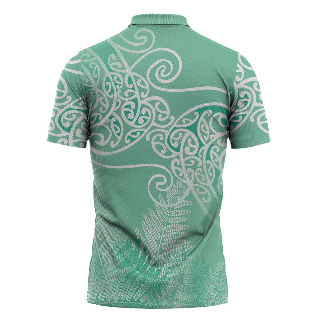 Aotearoa Maori Koru Curves Zipper Polo Shirt Silver Ferns - Mint LT7 - Polynesian Pride