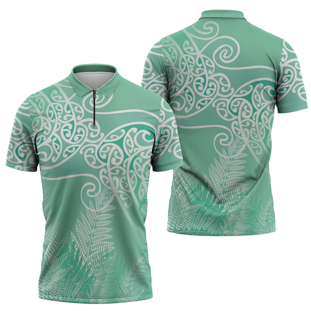 Aotearoa Maori Koru Curves Zipper Polo Shirt Silver Ferns - Mint LT7 - Polynesian Pride