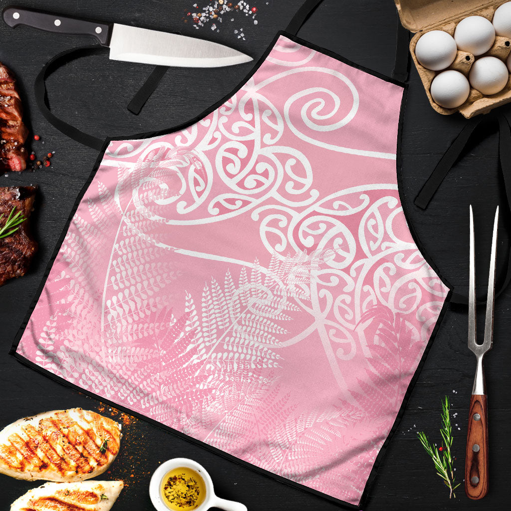 Aotearoa Maori Koru Curves Apron Silver Ferns - Rose Pink