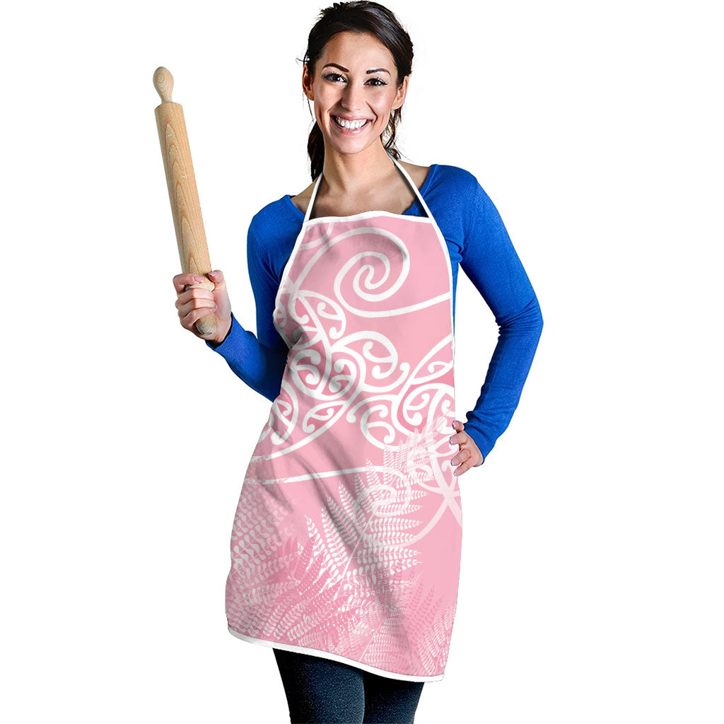 Aotearoa Maori Koru Curves Apron Silver Ferns - Rose Pink