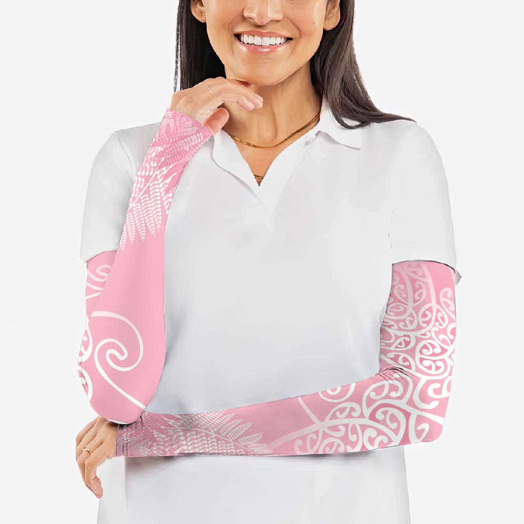 Aotearoa Maori Koru Curves Arm Sleeves Silver Ferns - Rose Pink LT7 - Polynesian Pride