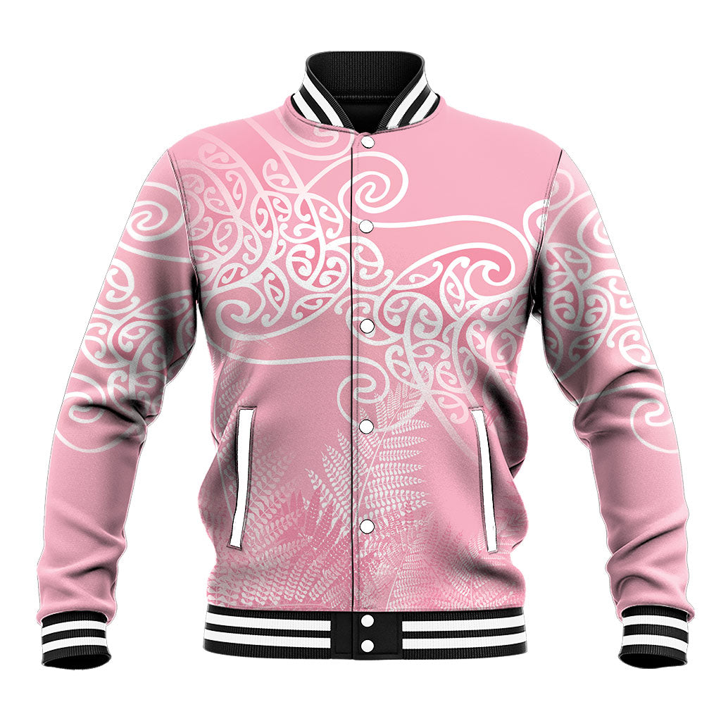 Aotearoa Maori Koru Curves Baseball Jacket Silver Ferns - Rose Pink LT7 Unisex Pink - Polynesian Pride