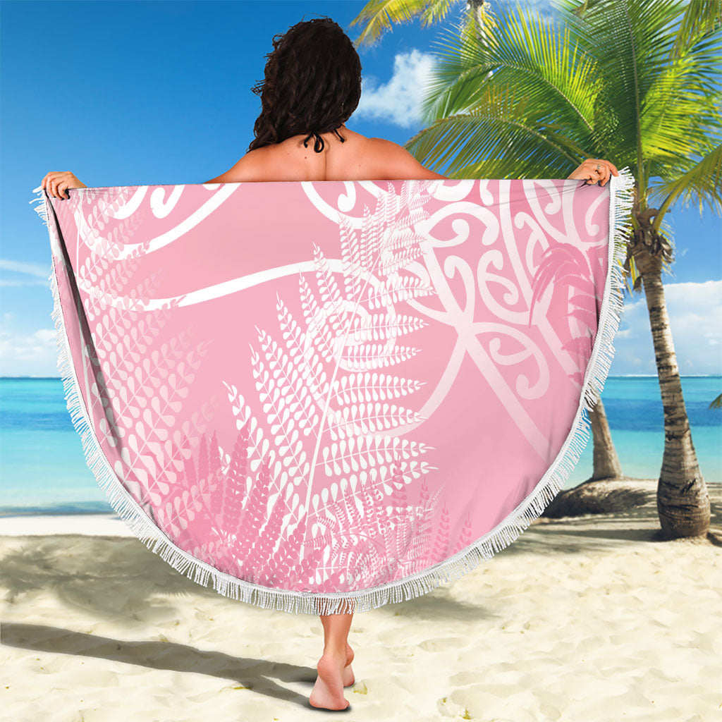Aotearoa Maori Koru Curves Beach Blanket Silver Ferns - Rose Pink LT7 - Polynesian Pride
