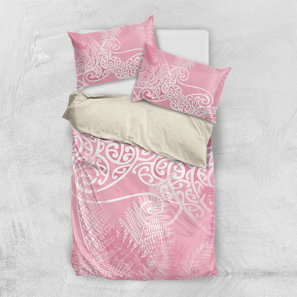 Aotearoa Maori Koru Curves Bedding Set Silver Ferns - Rose Pink LT7 US Twin 172cm x 218cm Pink - Polynesian Pride