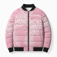 Aotearoa Maori Koru Curves Bomber Puffer Jacket Silver Ferns - Rose Pink LT7 Unisex Pink - Polynesian Pride