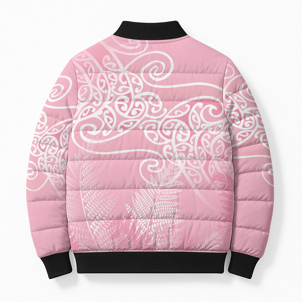 Aotearoa Maori Koru Curves Bomber Puffer Jacket Silver Ferns - Rose Pink LT7 - Polynesian Pride