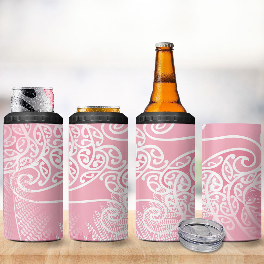 Aotearoa Maori Koru Curves 4 in 1 Can Cooler Tumbler Silver Ferns - Rose Pink LT7 - Polynesian Pride