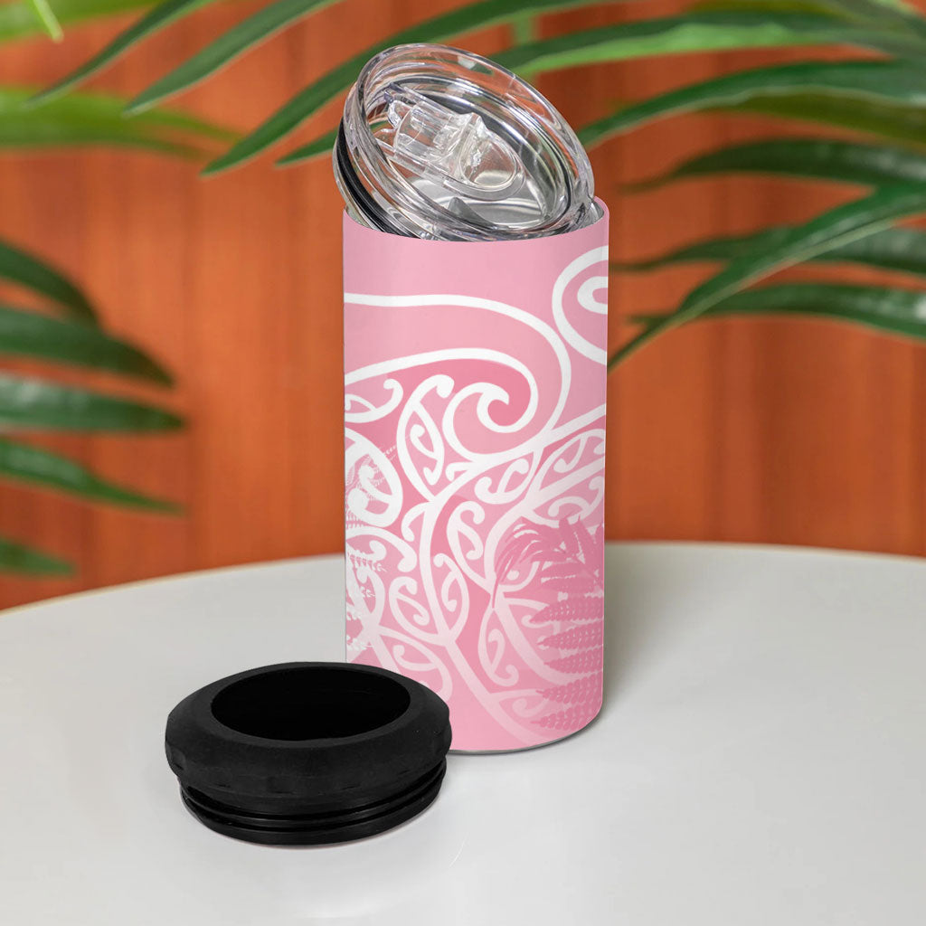 Aotearoa Maori Koru Curves 4 in 1 Can Cooler Tumbler Silver Ferns - Rose Pink LT7 - Polynesian Pride