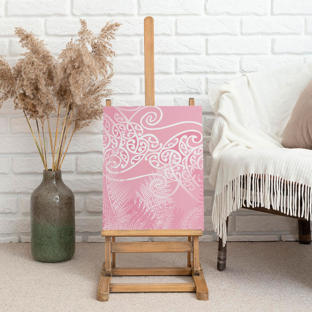 Aotearoa Maori Koru Curves Canvas Wall Art Silver Ferns - Rose Pink LT7 - Polynesian Pride