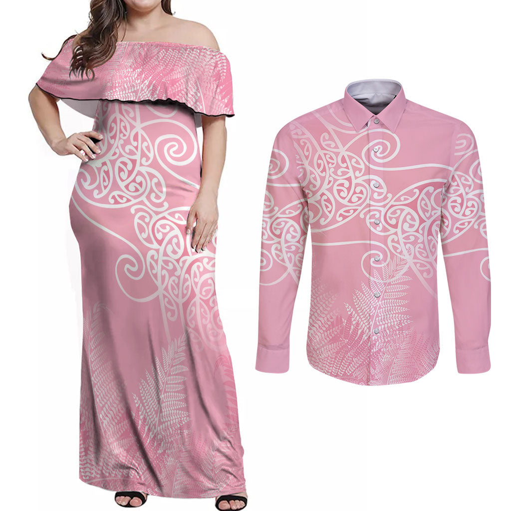Aotearoa Maori Koru Curves Couples Matching Off Shoulder Maxi Dress and Long Sleeve Button Shirt Silver Ferns - Rose Pink