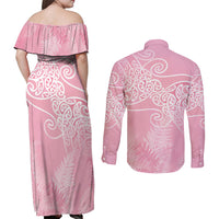Aotearoa Maori Koru Curves Couples Matching Off Shoulder Maxi Dress and Long Sleeve Button Shirt Silver Ferns - Rose Pink