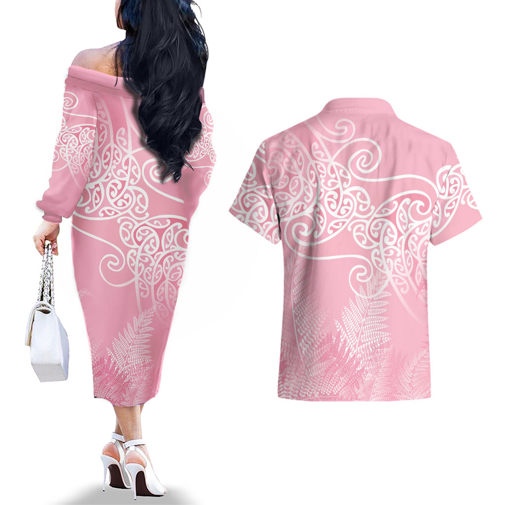Aotearoa Maori Koru Curves Couples Matching Off The Shoulder Long Sleeve Dress and Hawaiian Shirt Silver Ferns - Rose Pink
