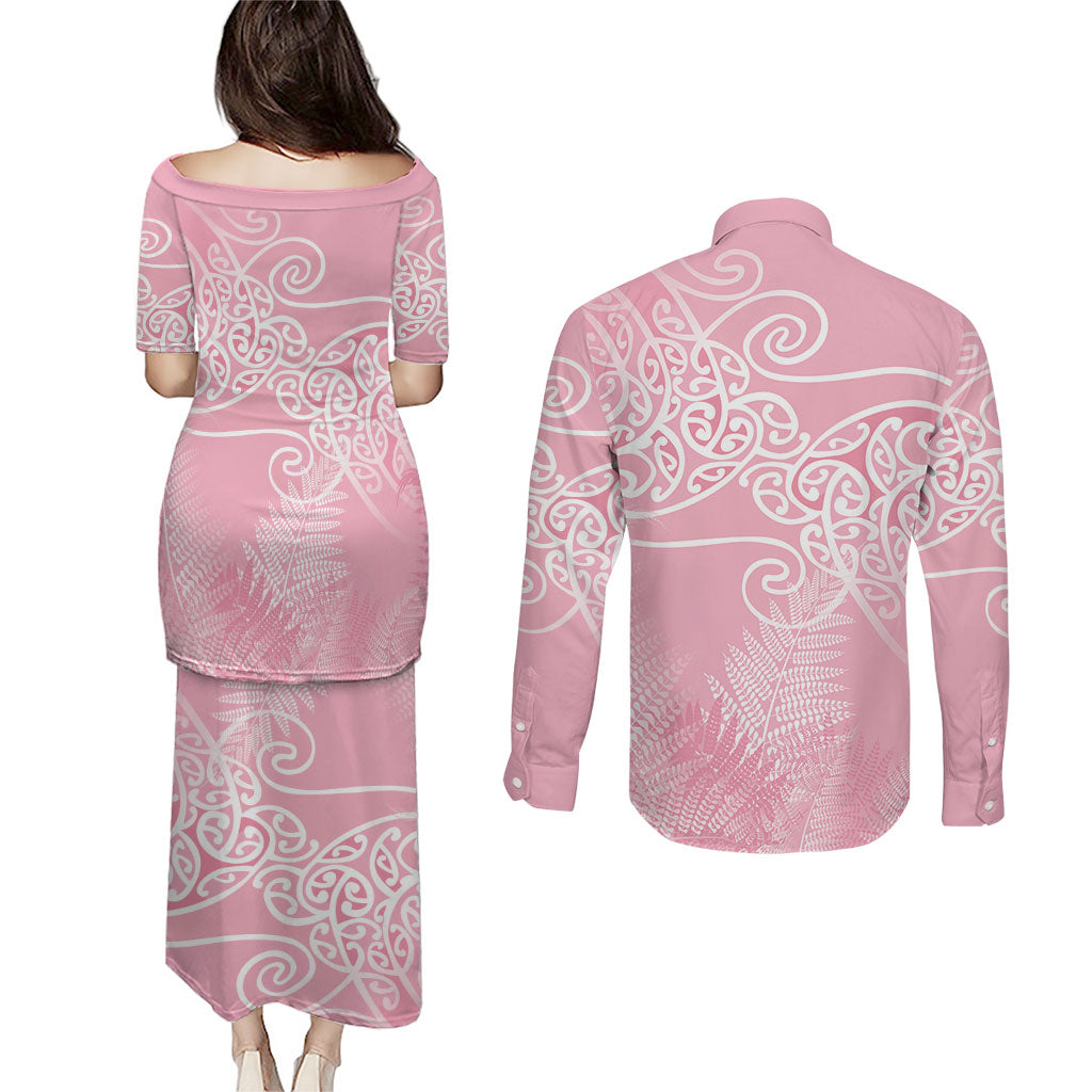 Aotearoa Maori Koru Curves Couples Matching Puletasi and Long Sleeve Button Shirt Silver Ferns - Rose Pink LT7 - Polynesian Pride