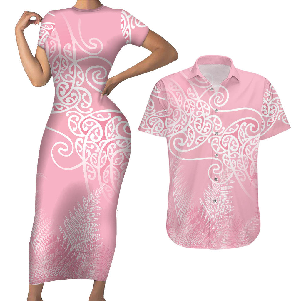 Aotearoa Maori Koru Curves Couples Matching Short Sleeve Bodycon Dress and Hawaiian Shirt Silver Ferns - Rose Pink