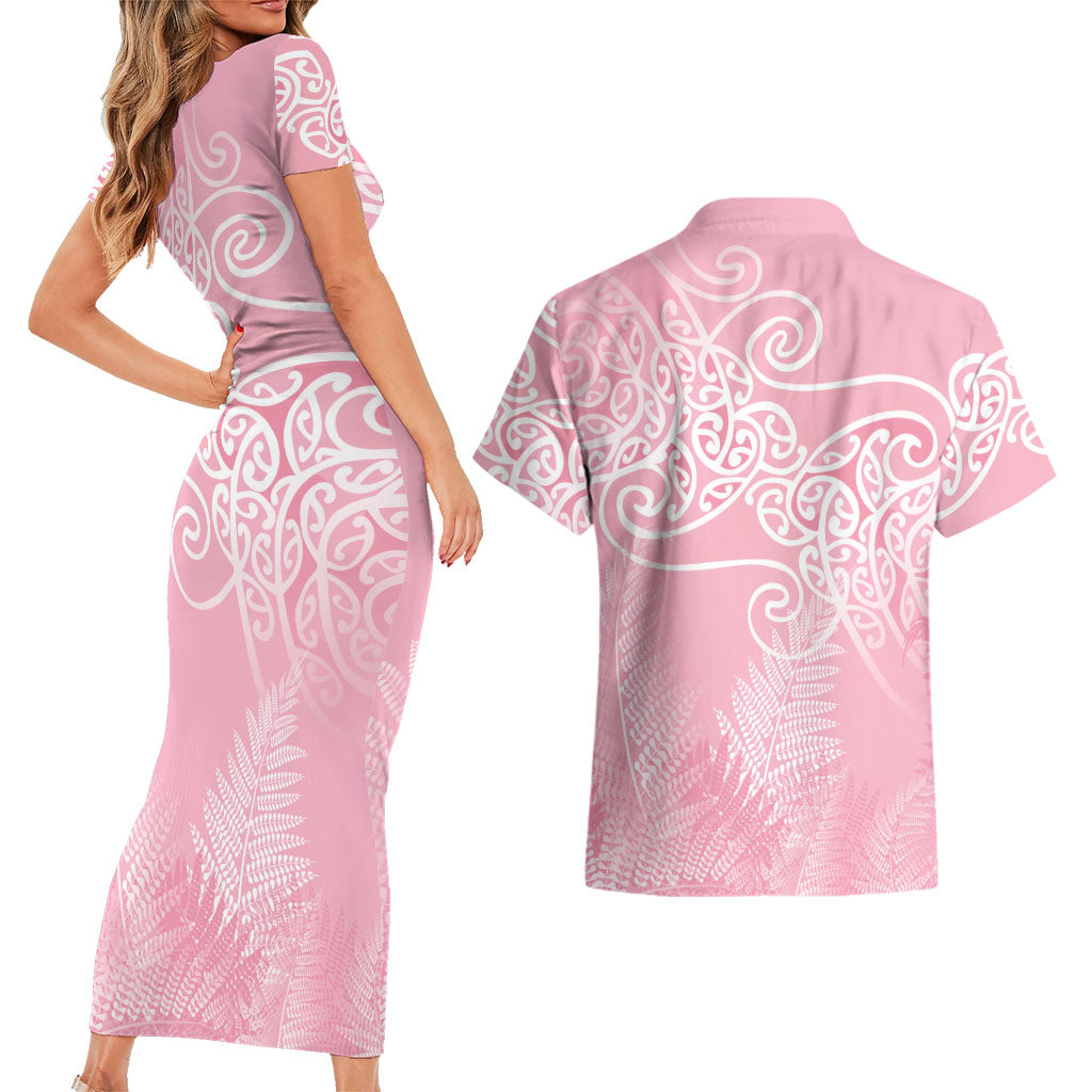 Aotearoa Maori Koru Curves Couples Matching Short Sleeve Bodycon Dress and Hawaiian Shirt Silver Ferns - Rose Pink