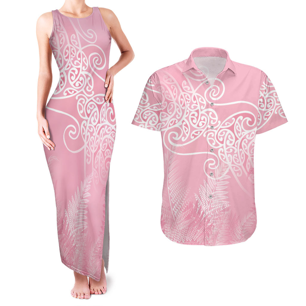 Aotearoa Maori Koru Curves Couples Matching Tank Maxi Dress and Hawaiian Shirt Silver Ferns - Rose Pink LT7 Pink - Polynesian Pride