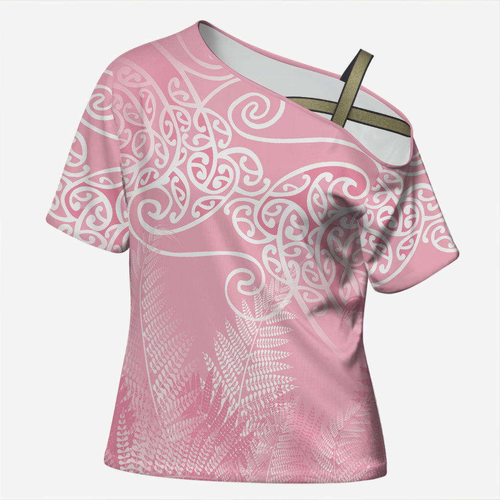 Aotearoa Maori Koru Curves Cross Shoulder Shirt Silver Ferns - Rose Pink