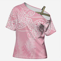 Aotearoa Maori Koru Curves Cross Shoulder Shirt Silver Ferns - Rose Pink