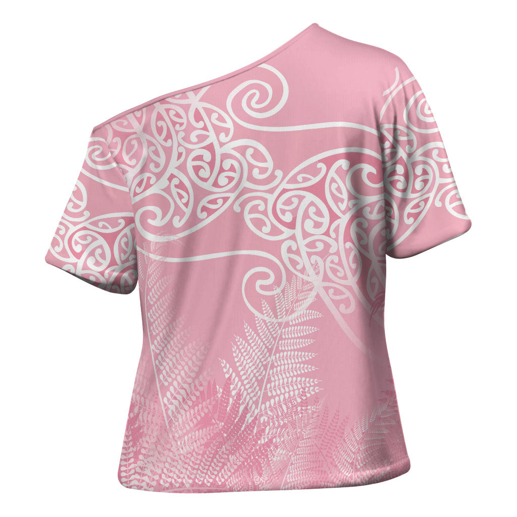 Aotearoa Maori Koru Curves Cross Shoulder Shirt Silver Ferns - Rose Pink