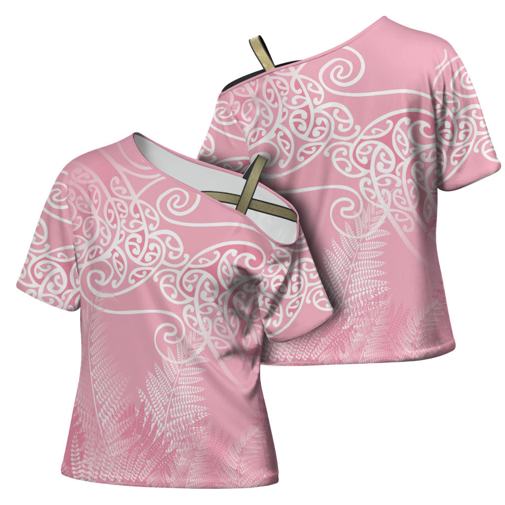 Aotearoa Maori Koru Curves Cross Shoulder Shirt Silver Ferns - Rose Pink