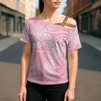Aotearoa Maori Koru Curves Cross Shoulder Shirt Silver Ferns - Rose Pink