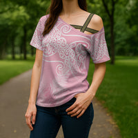Aotearoa Maori Koru Curves Cross Shoulder Shirt Silver Ferns - Rose Pink