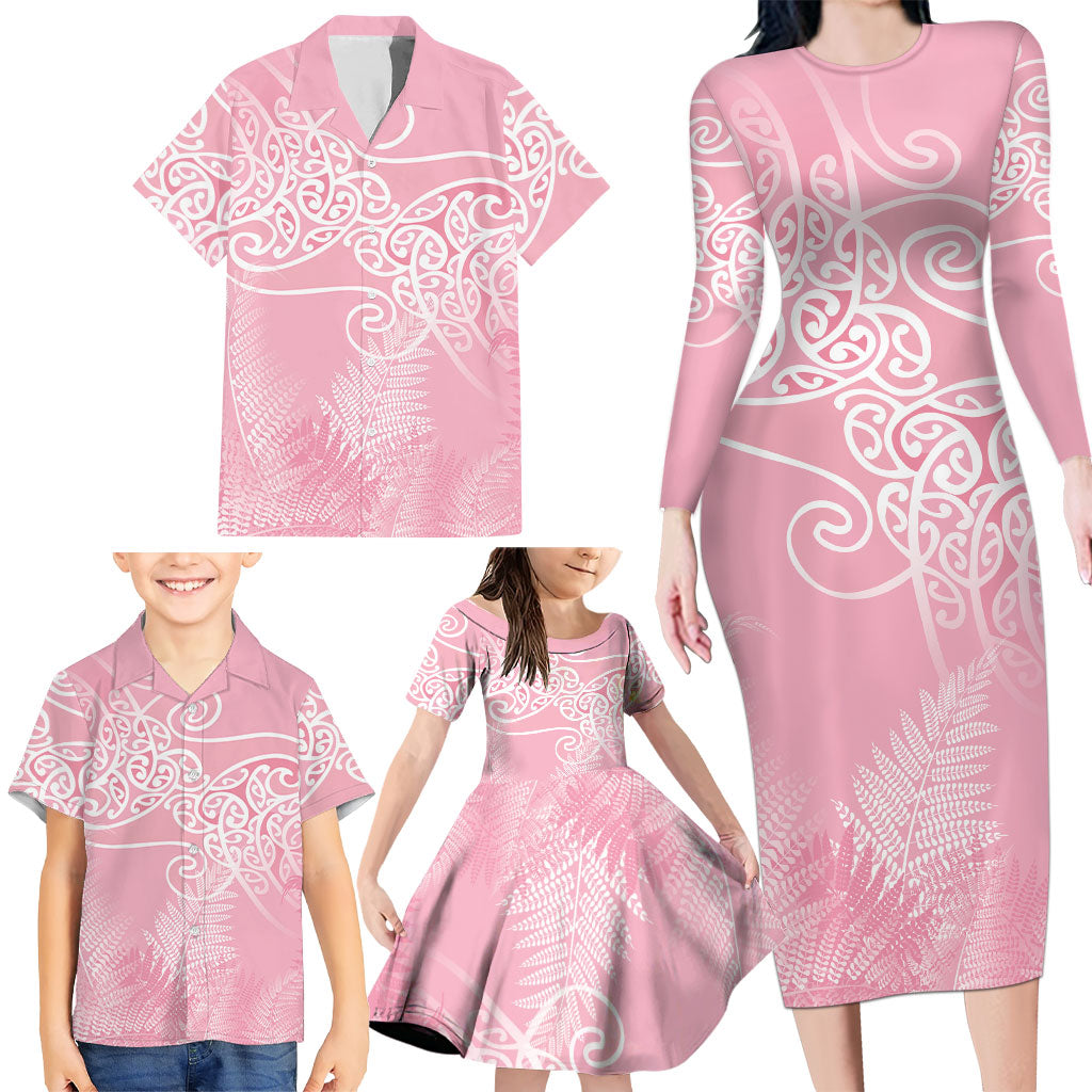 Aotearoa Maori Koru Curves Family Matching Long Sleeve Bodycon Dress and Hawaiian Shirt Silver Ferns - Rose Pink LT7 - Polynesian Pride