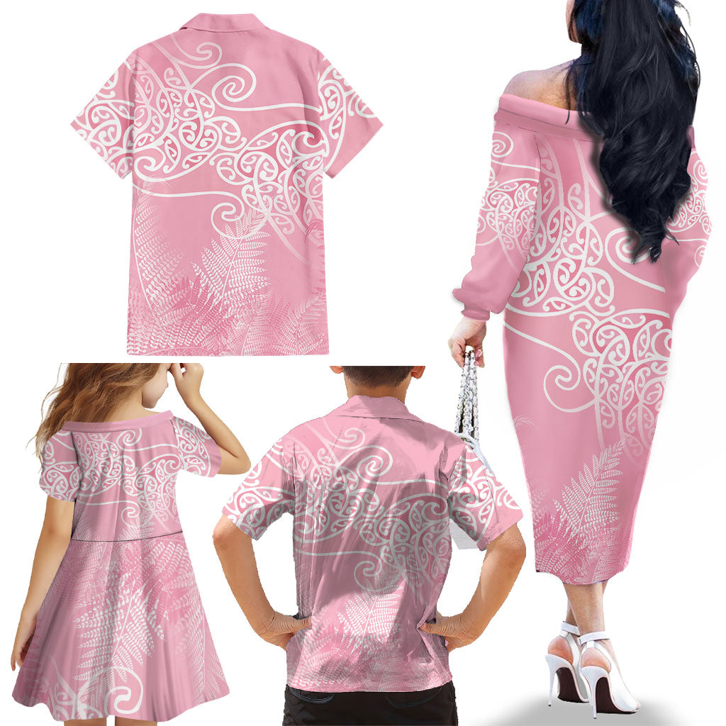 Aotearoa Maori Koru Curves Family Matching Off The Shoulder Long Sleeve Dress and Hawaiian Shirt Silver Ferns - Rose Pink