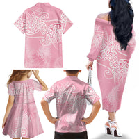 Aotearoa Maori Koru Curves Family Matching Off The Shoulder Long Sleeve Dress and Hawaiian Shirt Silver Ferns - Rose Pink