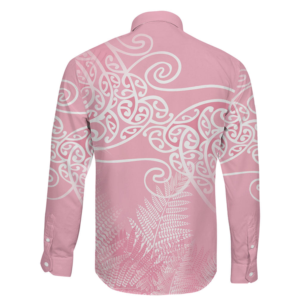 Aotearoa Maori Koru Curves Family Matching Off The Shoulder Long Sleeve Dress and Hawaiian Shirt Silver Ferns - Rose Pink