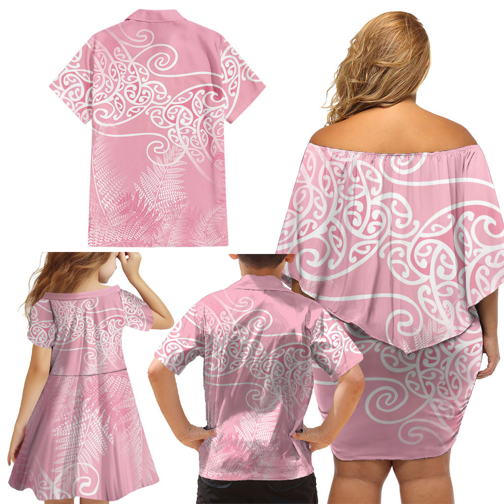 Aotearoa Maori Koru Curves Family Matching Off Shoulder Short Dress and Hawaiian Shirt Silver Ferns - Rose Pink