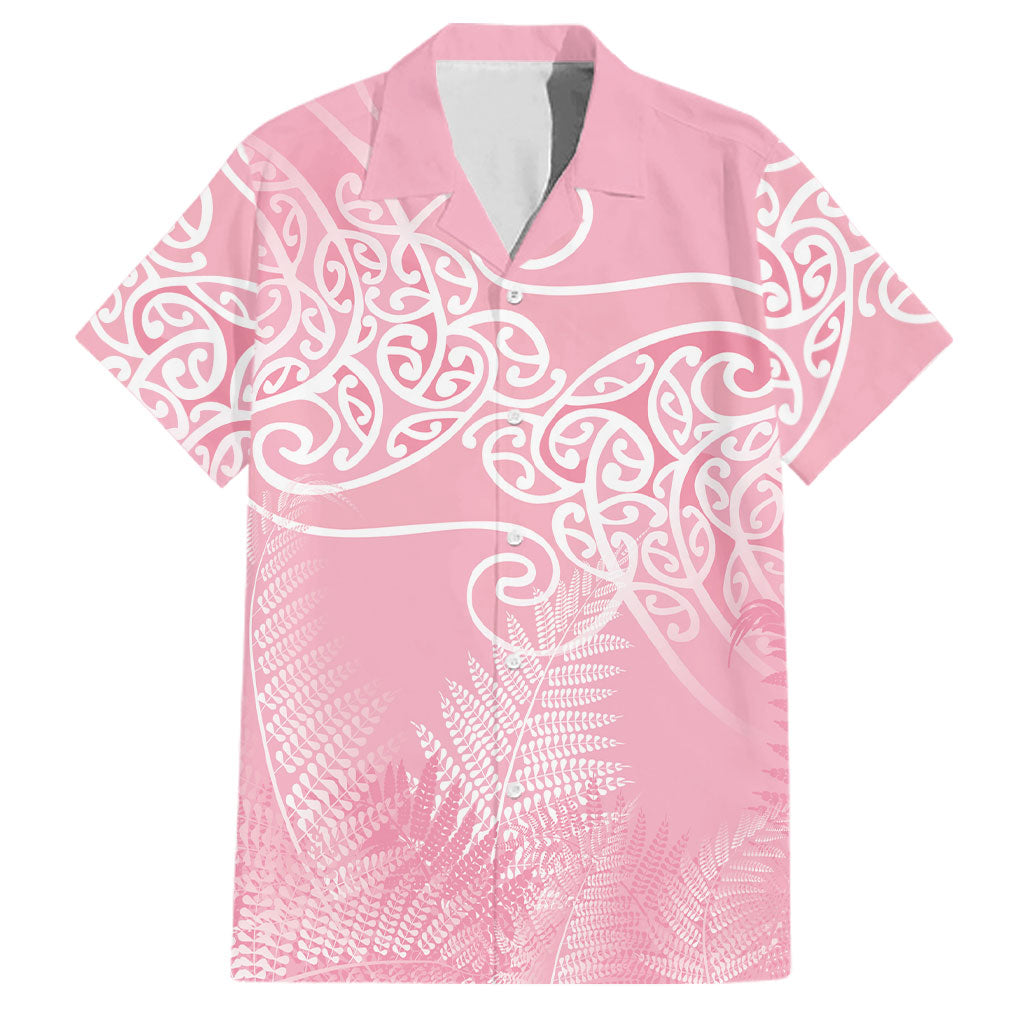 Aotearoa Maori Koru Curves Family Matching Off Shoulder Short Dress and Hawaiian Shirt Silver Ferns - Rose Pink