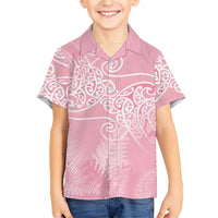 Aotearoa Maori Koru Curves Family Matching Short Sleeve Bodycon Dress and Hawaiian Shirt Silver Ferns - Rose Pink