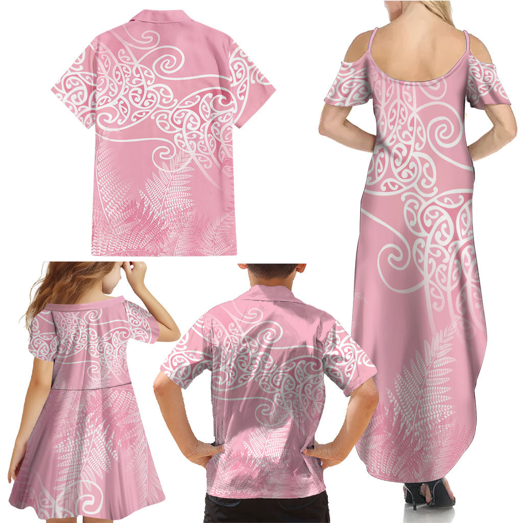 Aotearoa Maori Koru Curves Family Matching Summer Maxi Dress and Hawaiian Shirt Silver Ferns - Rose Pink