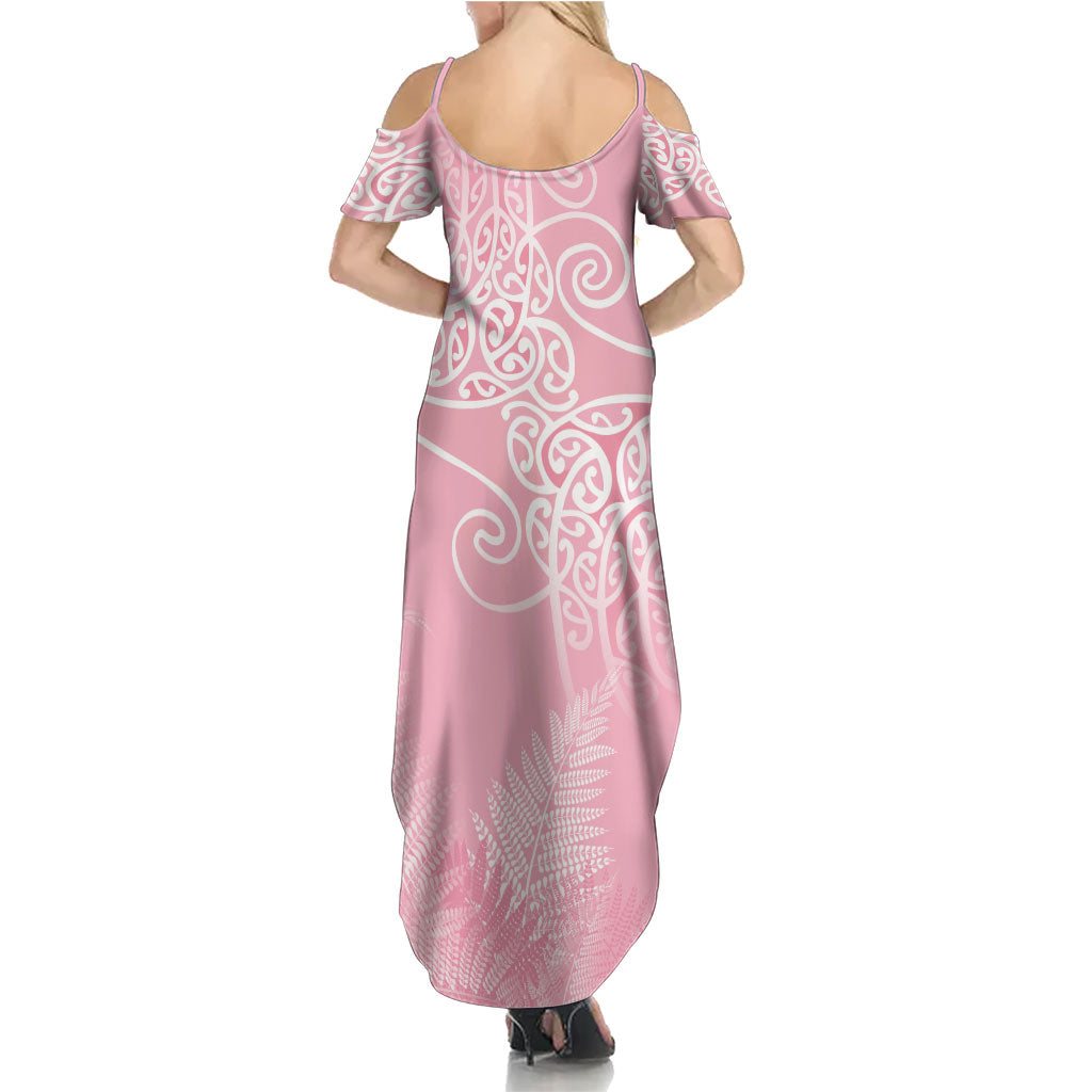 Aotearoa Maori Koru Curves Family Matching Summer Maxi Dress and Hawaiian Shirt Silver Ferns - Rose Pink