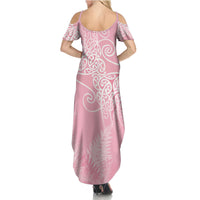 Aotearoa Maori Koru Curves Family Matching Summer Maxi Dress and Hawaiian Shirt Silver Ferns - Rose Pink