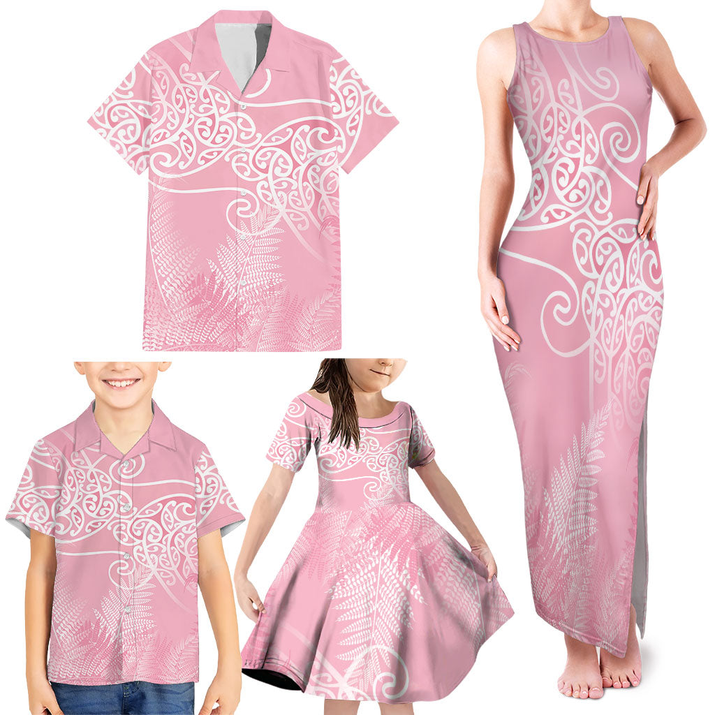 Aotearoa Maori Koru Curves Family Matching Tank Maxi Dress and Hawaiian Shirt Silver Ferns - Rose Pink