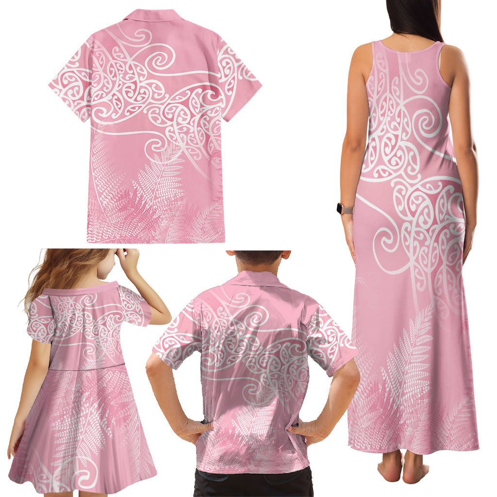 Aotearoa Maori Koru Curves Family Matching Tank Maxi Dress and Hawaiian Shirt Silver Ferns - Rose Pink