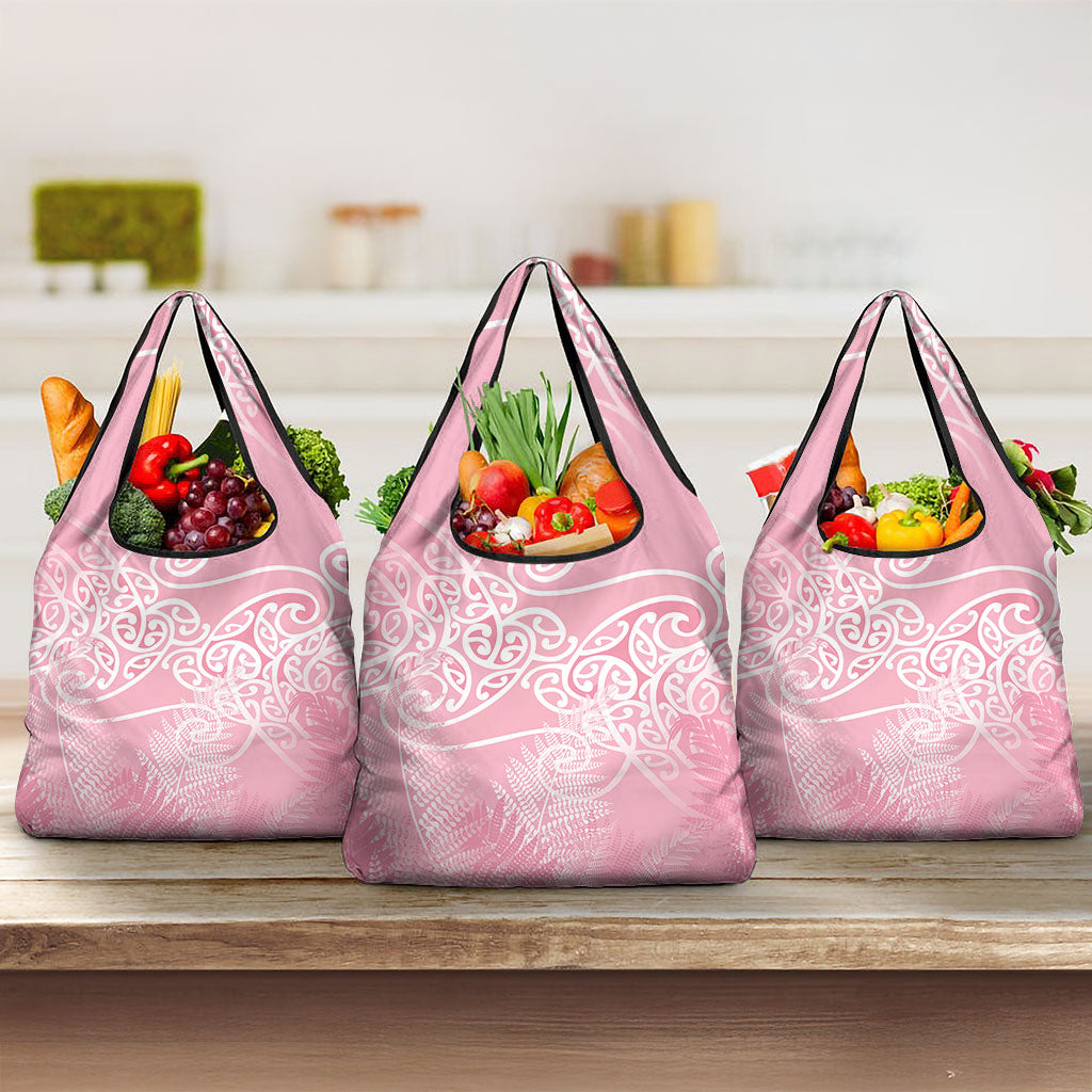 Aotearoa Maori Koru Curves Grocery Bag Silver Ferns - Rose Pink LT7 3-pack One Size Pink - Polynesian Pride