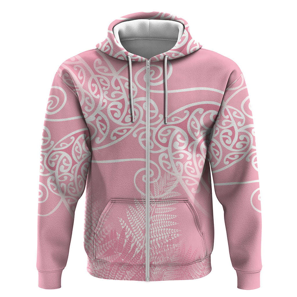 Aotearoa Maori Koru Curves Hoodie Silver Ferns - Rose Pink LT7 Zip Hoodie Pink - Polynesian Pride
