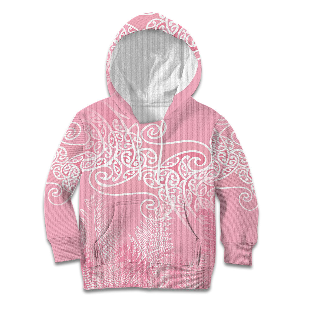 Aotearoa Maori Koru Curves Kid Hoodie Silver Ferns - Rose Pink LT7 Hoodie Pink - Polynesian Pride