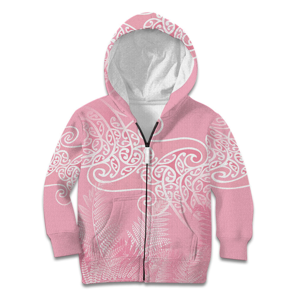 Aotearoa Maori Koru Curves Kid Hoodie Silver Ferns - Rose Pink LT7 Zip Hoodie Pink - Polynesian Pride