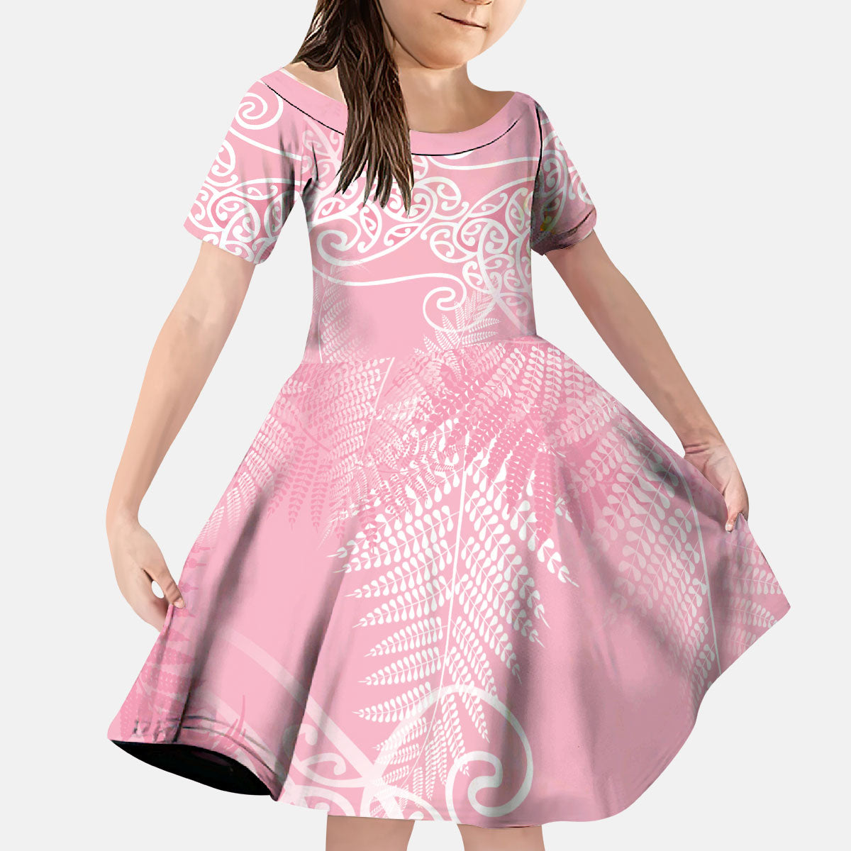 Aotearoa Maori Koru Curves Kid Short Sleeve Dress Silver Ferns - Rose Pink LT7 KID Pink - Polynesian Pride