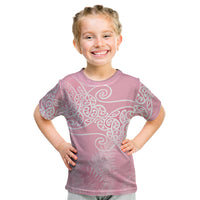 Aotearoa Maori Koru Curves Kid T Shirt Silver Ferns - Rose Pink LT7 Pink - Polynesian Pride