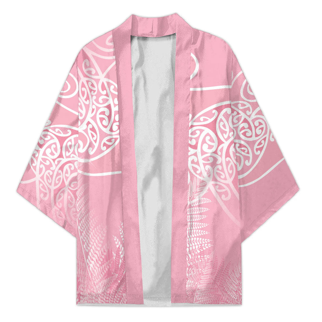 Aotearoa Maori Koru Curves Kimono Silver Ferns - Rose Pink LT7 Unisex Pink - Polynesian Pride