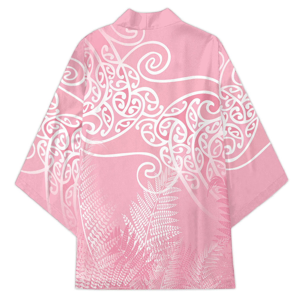 Aotearoa Maori Koru Curves Kimono Silver Ferns - Rose Pink LT7 - Polynesian Pride