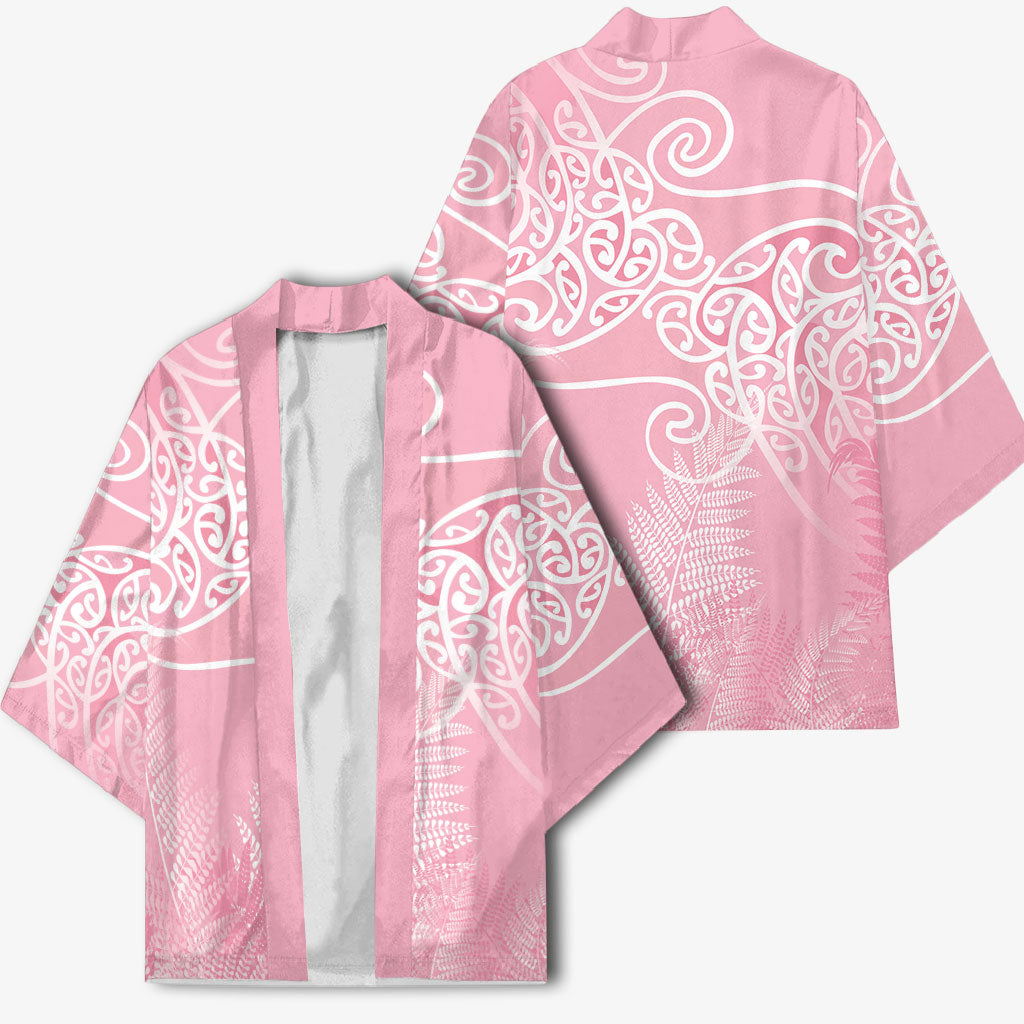 Aotearoa Maori Koru Curves Kimono Silver Ferns - Rose Pink LT7 - Polynesian Pride